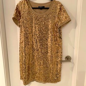 DKNY Gold Sequin Short Sleeve Shirt Dress